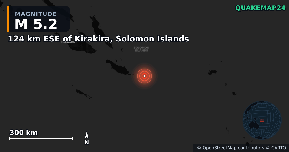 Erdbeben M5,2 bei 124 km ESE of Kirakira, Solomon Islands · 2026-08-23 — Karte der Lage des Epizentrums