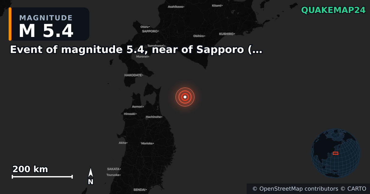 M5.4 earthquake near Event of magnitude 5.4, near of Sapporo (Monde) on Jan 22, 2026 — map of epicenter and shaking intensity | QuakeMap24