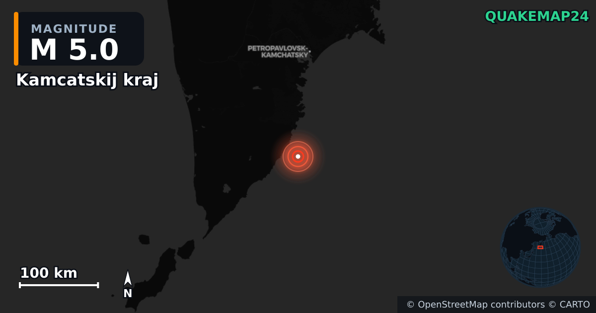M5.0 earthquake near Kamcatskij kraj on Feb 2, 2026 — map of epicenter and shaking intensity | QuakeMap24