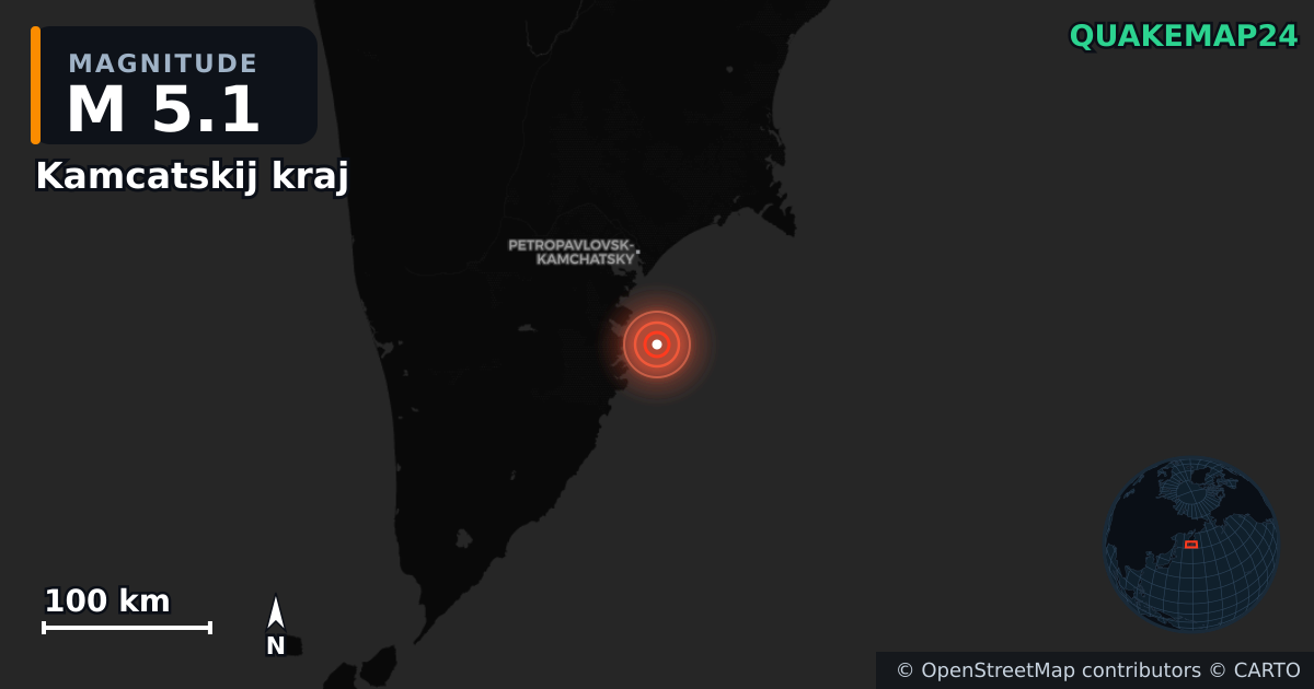 M5.1 earthquake near Kamcatskij kraj on Nov 3, 2025 — map of epicenter and shaking intensity | QuakeMap24