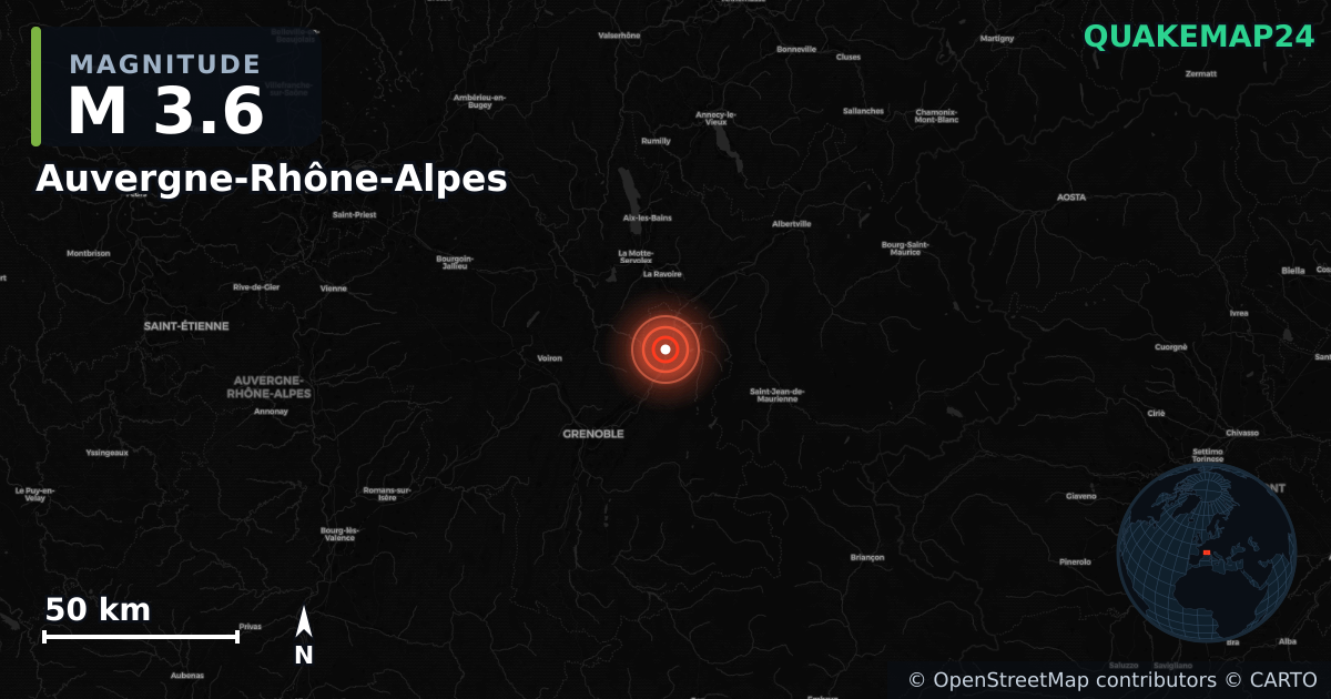M3.6 earthquake near Auvergne-Rhône-Alpes on May 6, 2025 — map of epicenter and shaking intensity | QuakeMap24