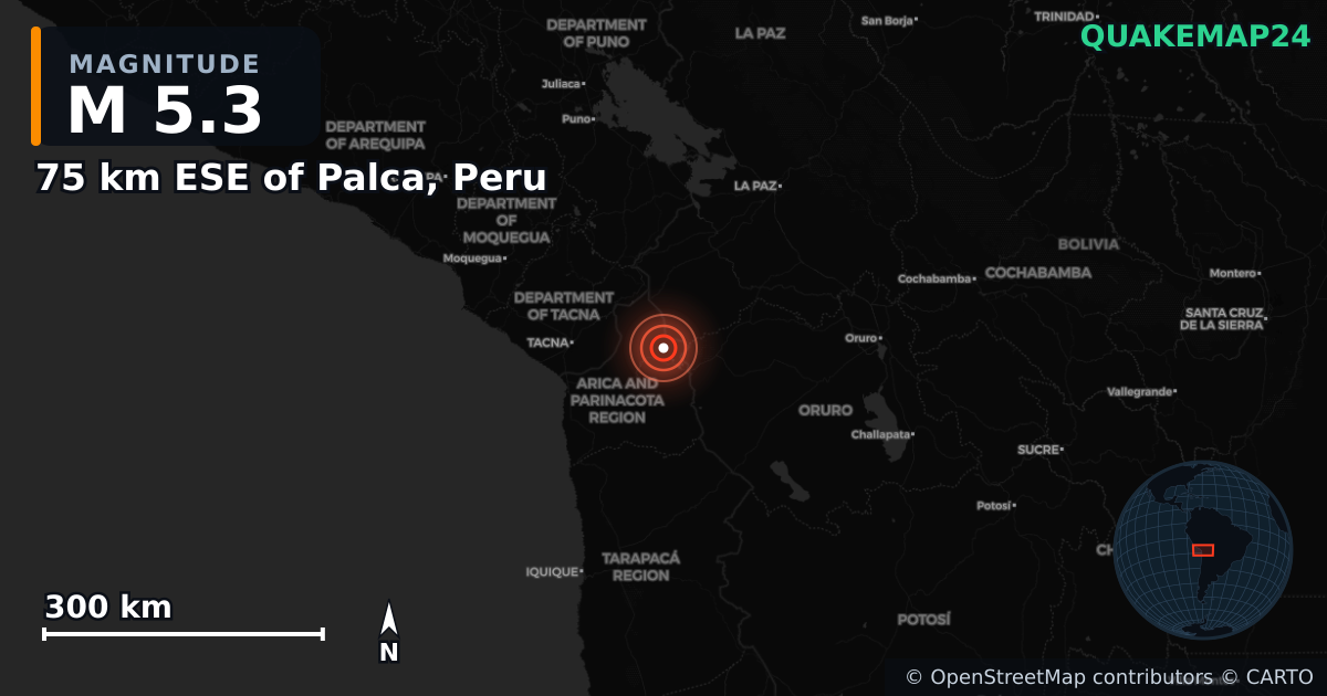 M5.3 earthquake near 75 km ESE of Palca, Peru on Jan 24, 2025 — map of epicenter and shaking intensity | QuakeMap24