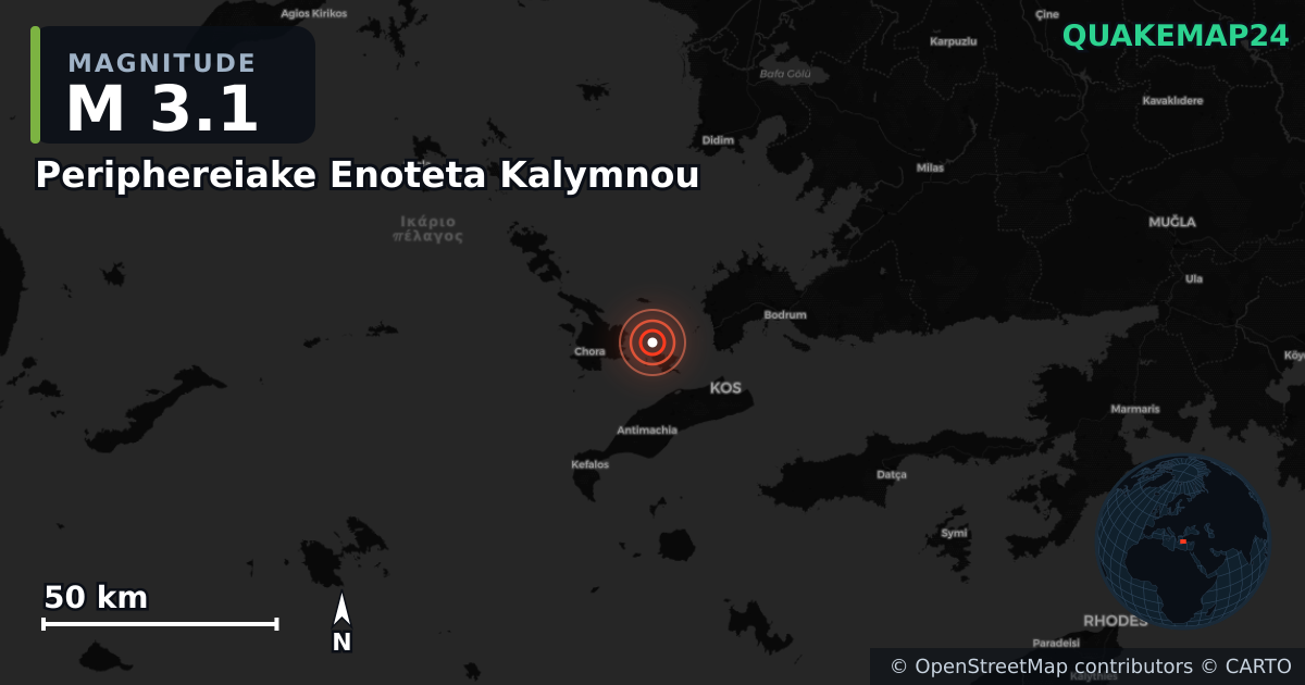 M3.1 earthquake near Periphereiake Enoteta Kalymnou on Jan 23, 2026 — map of epicenter and shaking intensity | QuakeMap24