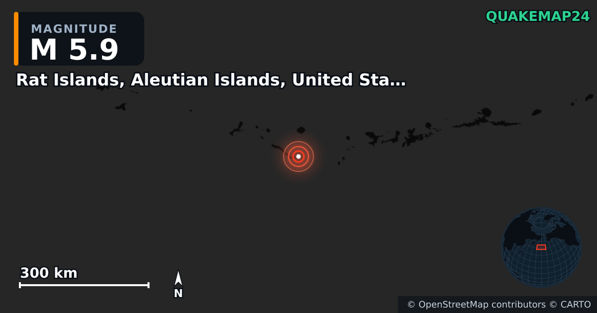 M5.9 earthquake near Rat Islands, Aleutian Islands, United States [Sea: United States] on May 9, 2026 — map of epicenter and shaking intensity | QuakeMap24