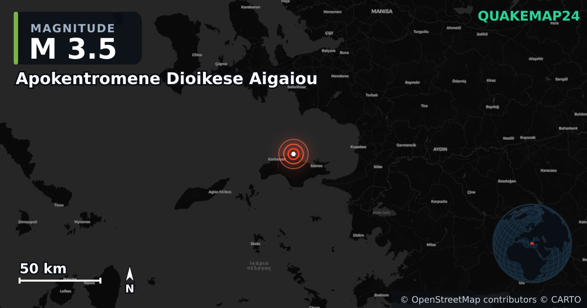 M3.5 earthquake near Apokentromene Dioikese Aigaiou on Sep 8, 2025 — map of epicenter and shaking intensity | QuakeMap24