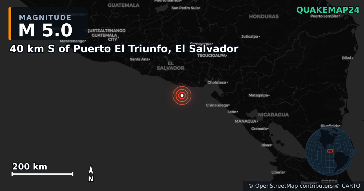 M5.0 earthquake near 40 km S of Puerto El Triunfo, El Salvador on May 22, 2025 — map of epicenter and shaking intensity | QuakeMap24