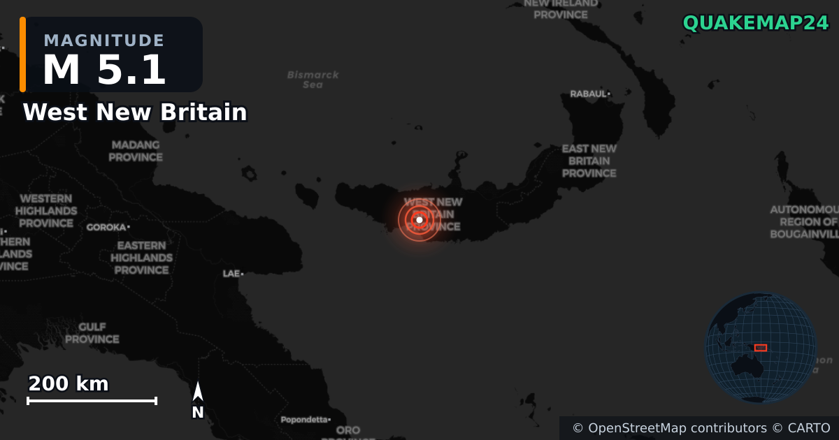 M5.1 earthquake near West New Britain on Jun 13, 2025 — map of epicenter and shaking intensity | QuakeMap24