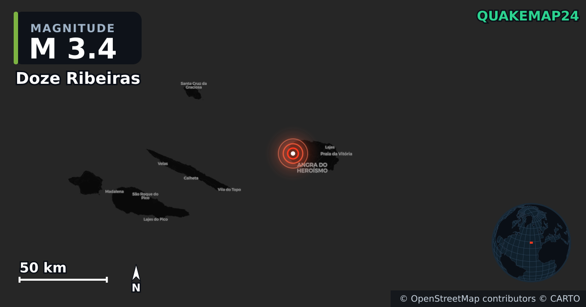 M3.4 earthquake near Doze Ribeiras on Oct 13, 2025 — map of epicenter and shaking intensity | QuakeMap24