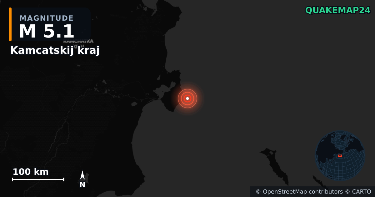 M5.1 earthquake near Kamcatskij kraj on Jan 16, 2026 — map of epicenter and shaking intensity | QuakeMap24