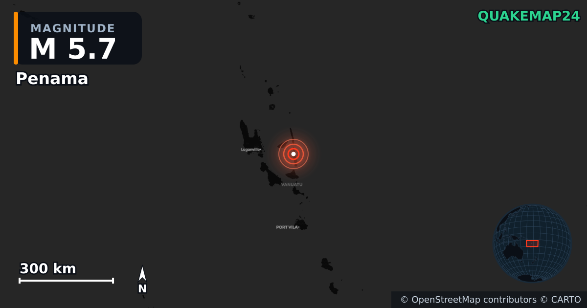 M5.7 earthquake near Penama on Oct 7, 2025 — map of epicenter and shaking intensity | QuakeMap24