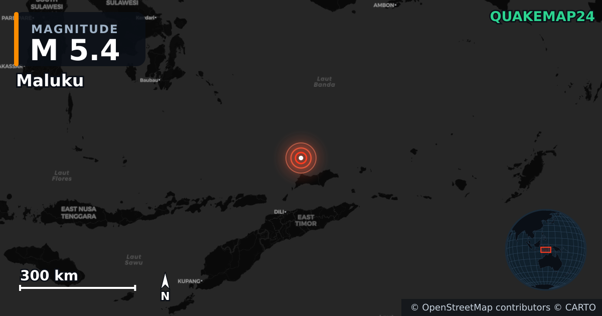 M5.4 earthquake near Maluku on May 15, 2025 — map of epicenter and shaking intensity | QuakeMap24
