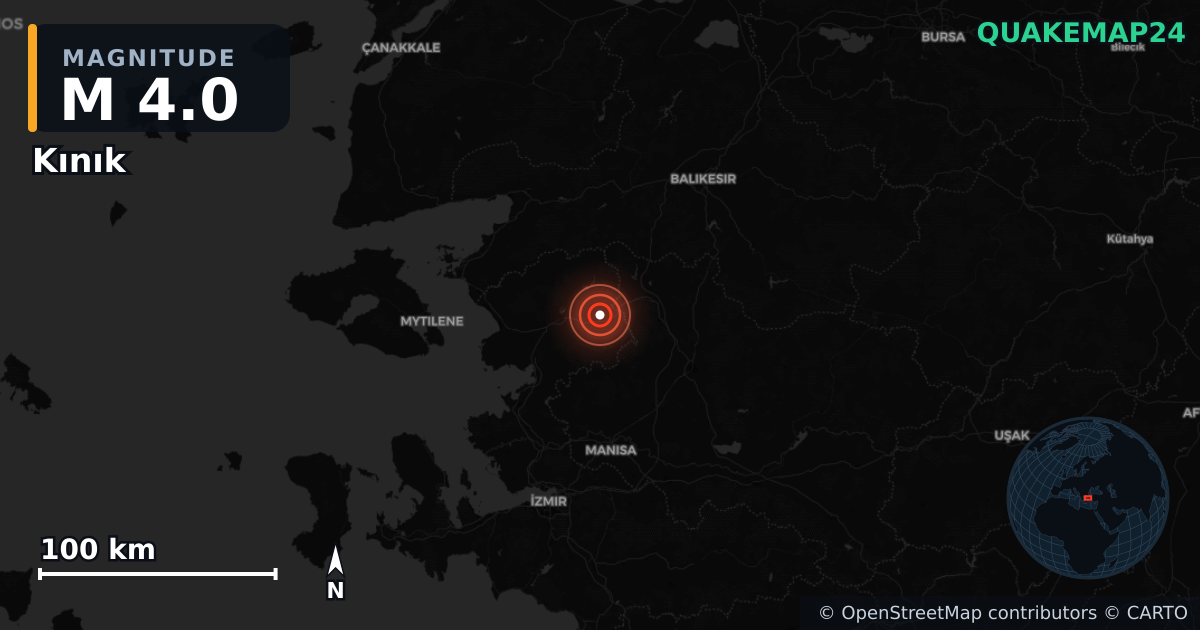 M4.0 earthquake near Kınık on Feb 7, 2026 — map of epicenter and shaking intensity | QuakeMap24