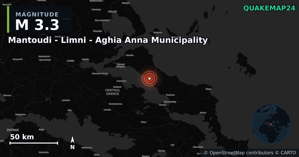 M3.3 Earthquake near Mantoudi - Limni - Aghia Anna Municipality, Central Greece (Greece) · 2026-09-18 — Map showing the location of the epicenter