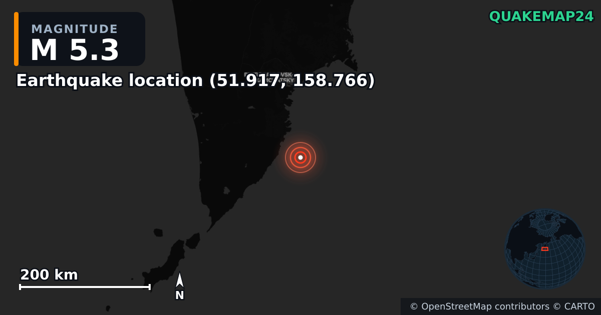 M5.3 earthquake near Deprem konumu (51.917, 158.766) on Aug 1, 2025 — map of epicenter and shaking intensity | QuakeMap24