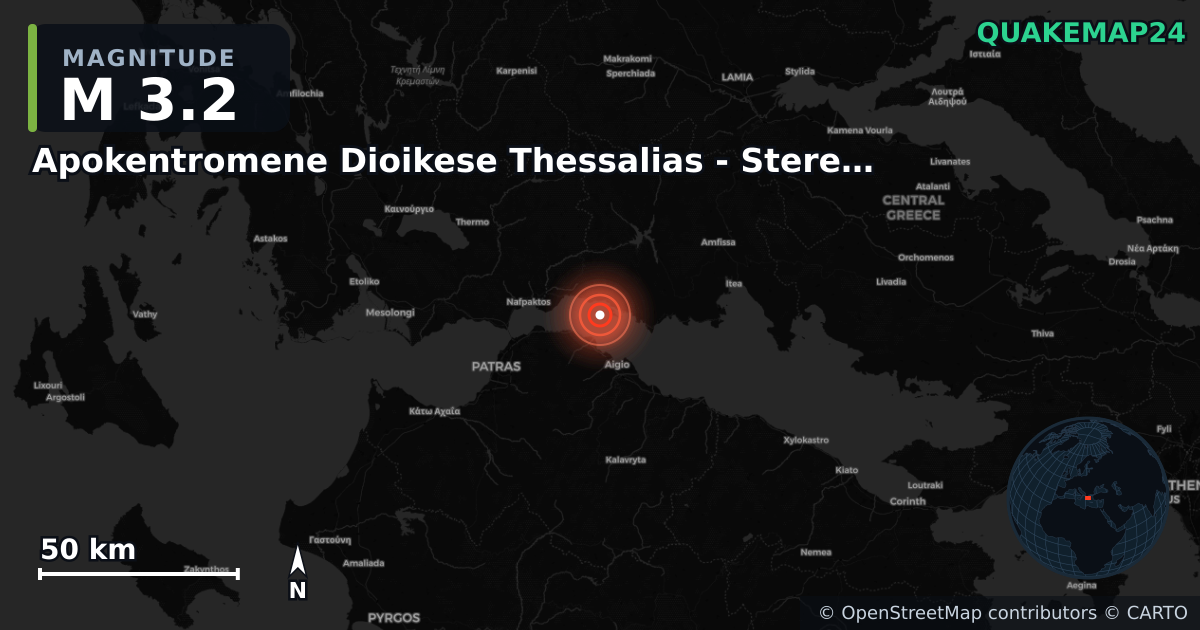 M3.2 earthquake near Apokentromene Dioikese Thessalias - Stereas Ellados on Nov 24, 2025 — map of epicenter and shaking intensity | QuakeMap24