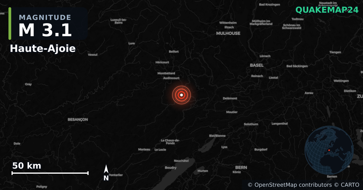 Sismo de M3,1 perto de Haute-Ajoie, Jura (Suíça) · 2026-09-21 — Mapa da localização do epicentro