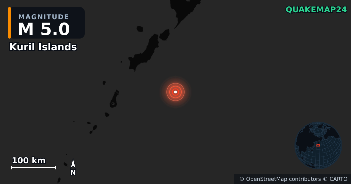 M5.0 earthquake near Kuril Islands on Aug 4, 2025 — map of epicenter and shaking intensity | QuakeMap24