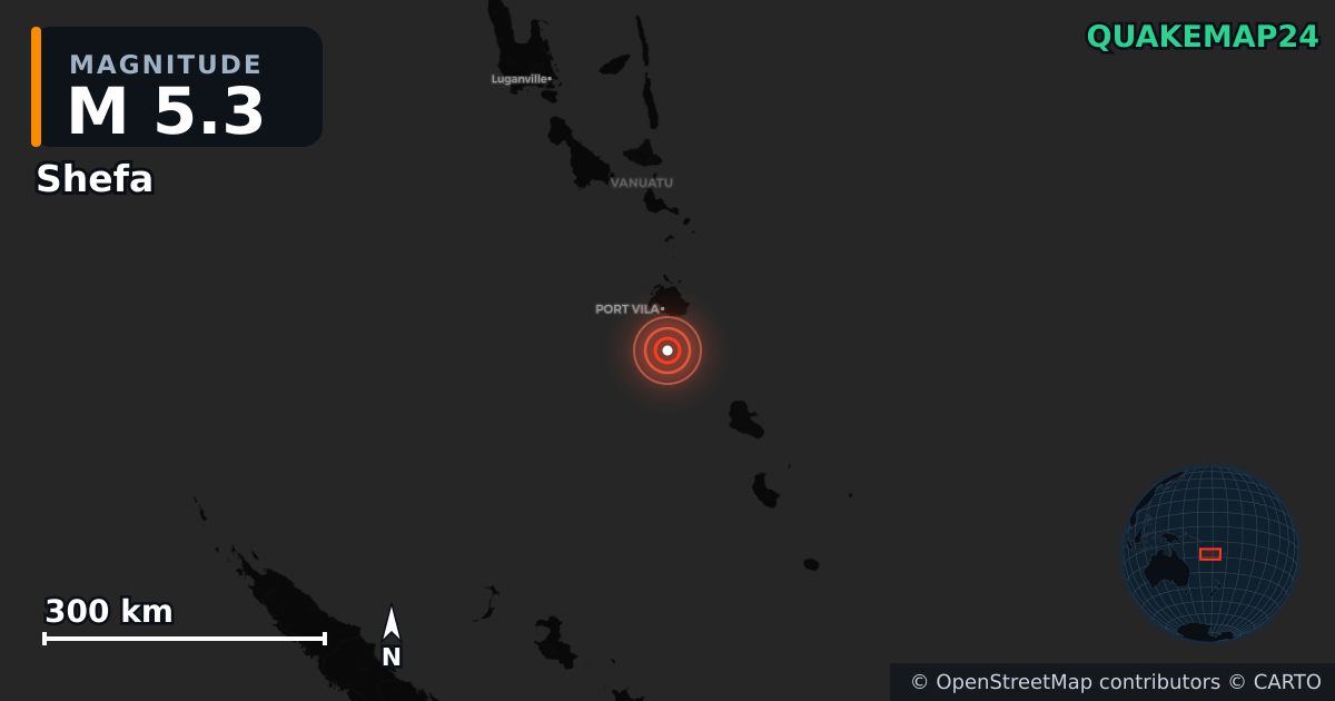 M5.3 earthquake near Shefa on Jul 13, 2025 — map of epicenter and shaking intensity | QuakeMap24