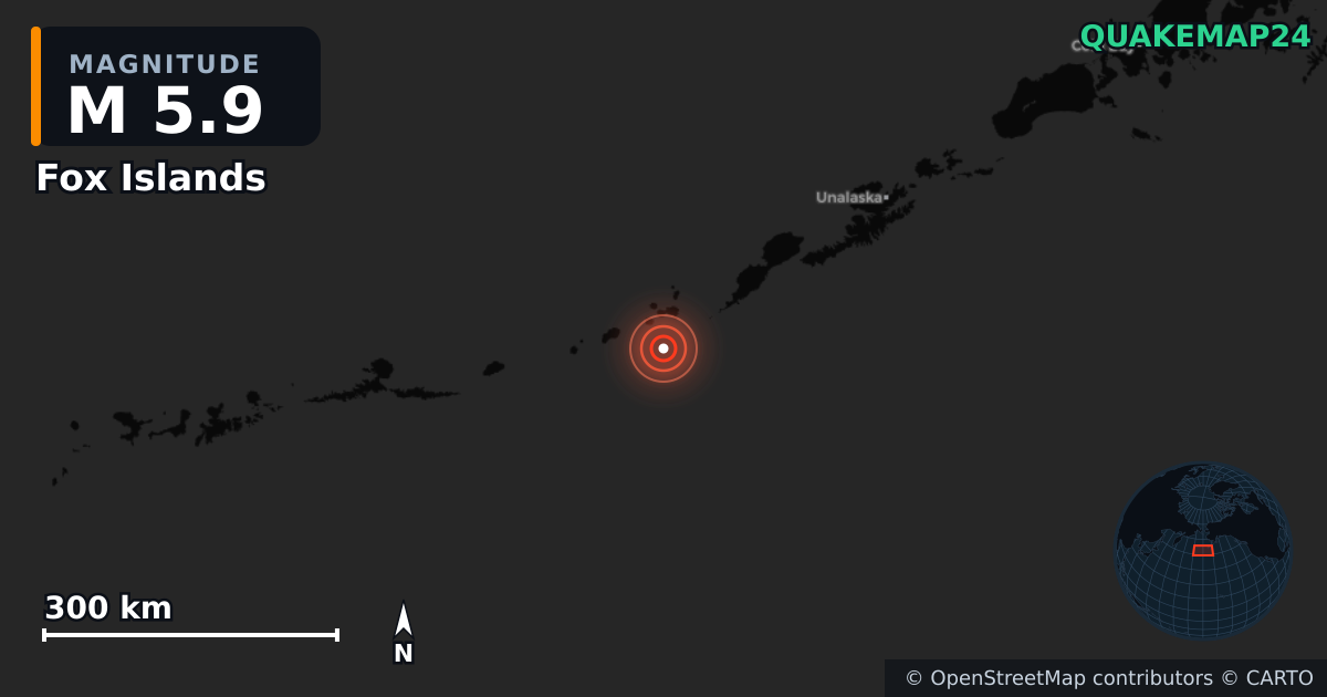 M5.9 earthquake near Fox Islands on Feb 23, 2026 — map of epicenter and shaking intensity | QuakeMap24