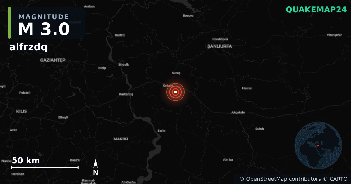 M3.0 earthquake near alfrzdq on Jan 24, 2026 — map of epicenter and shaking intensity | QuakeMap24