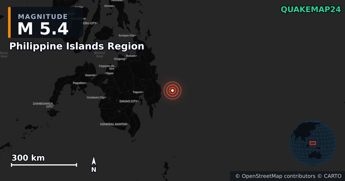 Erdbeben M5,4 bei Philippine Islands Region — Karte der Lage des Epizentrums
