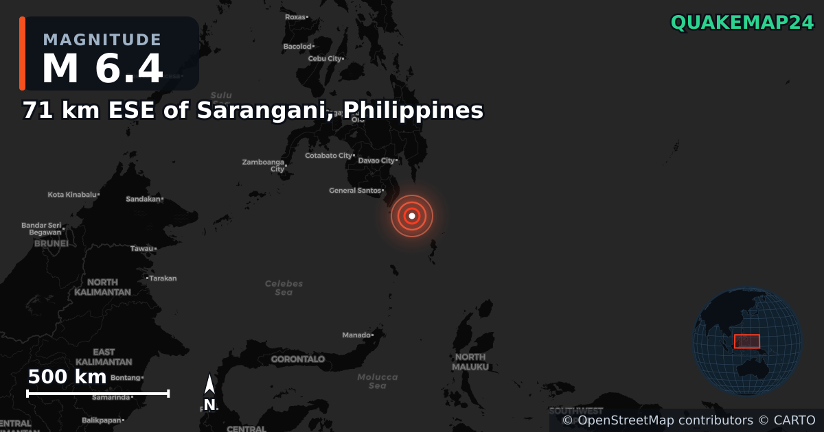 M6.4 earthquake near 71 km ESE of Sarangani, Philippines on Jun 27, 2025 — map of epicenter and shaking intensity | QuakeMap24