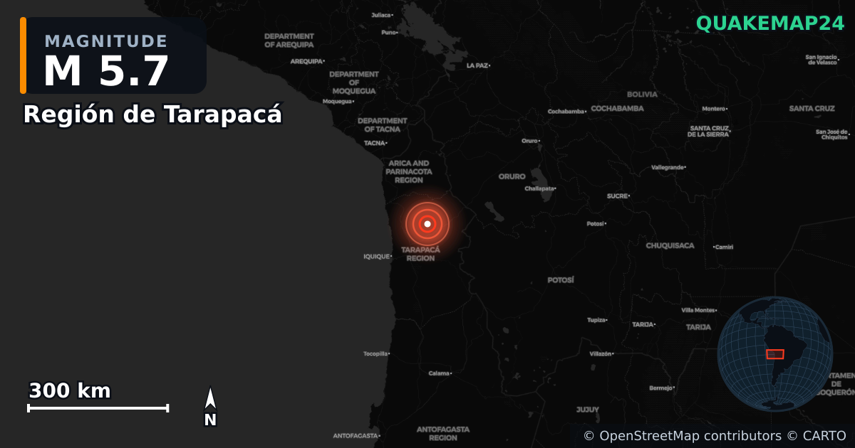 M5.7 earthquake near Región de Tarapacá on May 26, 2025 — map of epicenter and shaking intensity | QuakeMap24