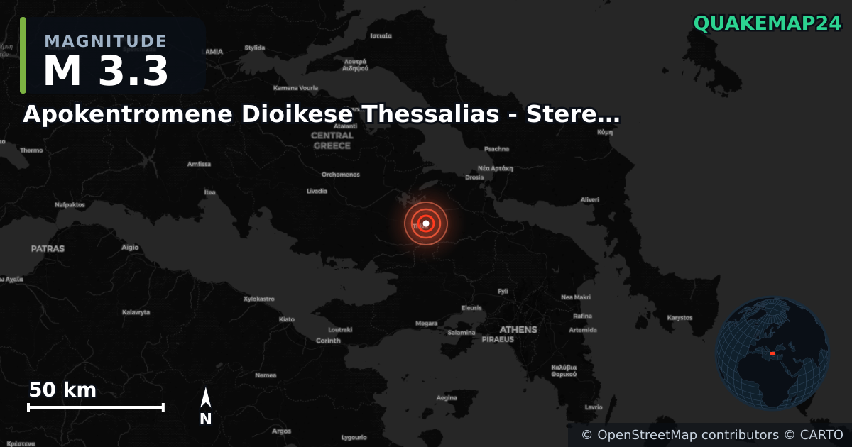 M3.3 earthquake near Apokentromene Dioikese Thessalias - Stereas Ellados on Sep 6, 2025 — map of epicenter and shaking intensity | QuakeMap24