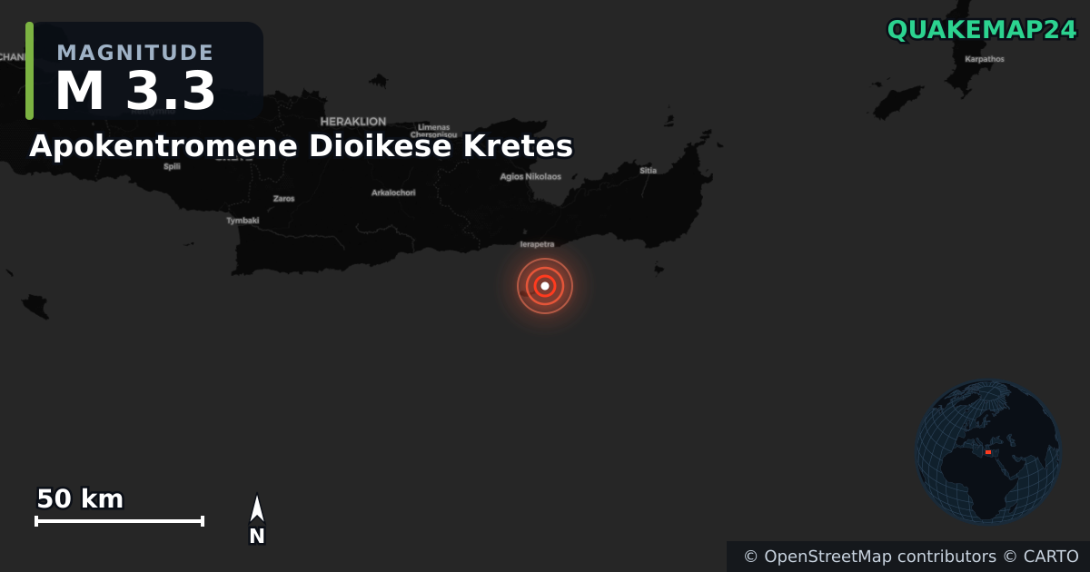 M3.3 earthquake near Apokentromene Dioikese Kretes on Nov 28, 2025 — map of epicenter and shaking intensity | QuakeMap24