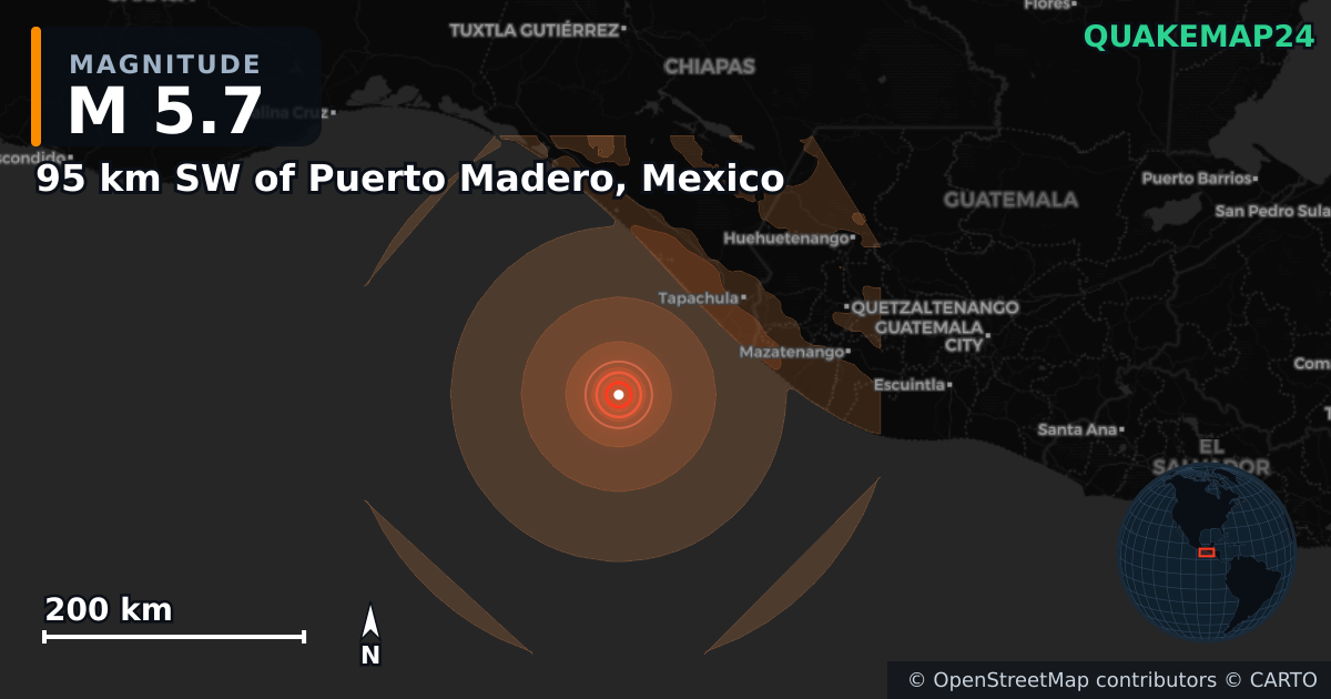 M5.7 Earthquake near 95 km SW of Puerto Madero, Mexico · 2026-08-18 — Map showing the location of the epicenter