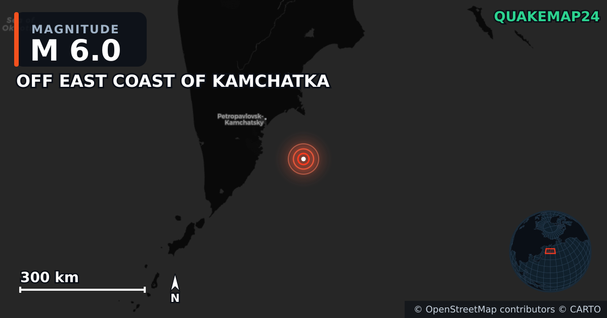 M6.0 earthquake near OFF EAST COAST OF KAMCHATKA on Nov 4, 2025 — map of epicenter and shaking intensity | QuakeMap24