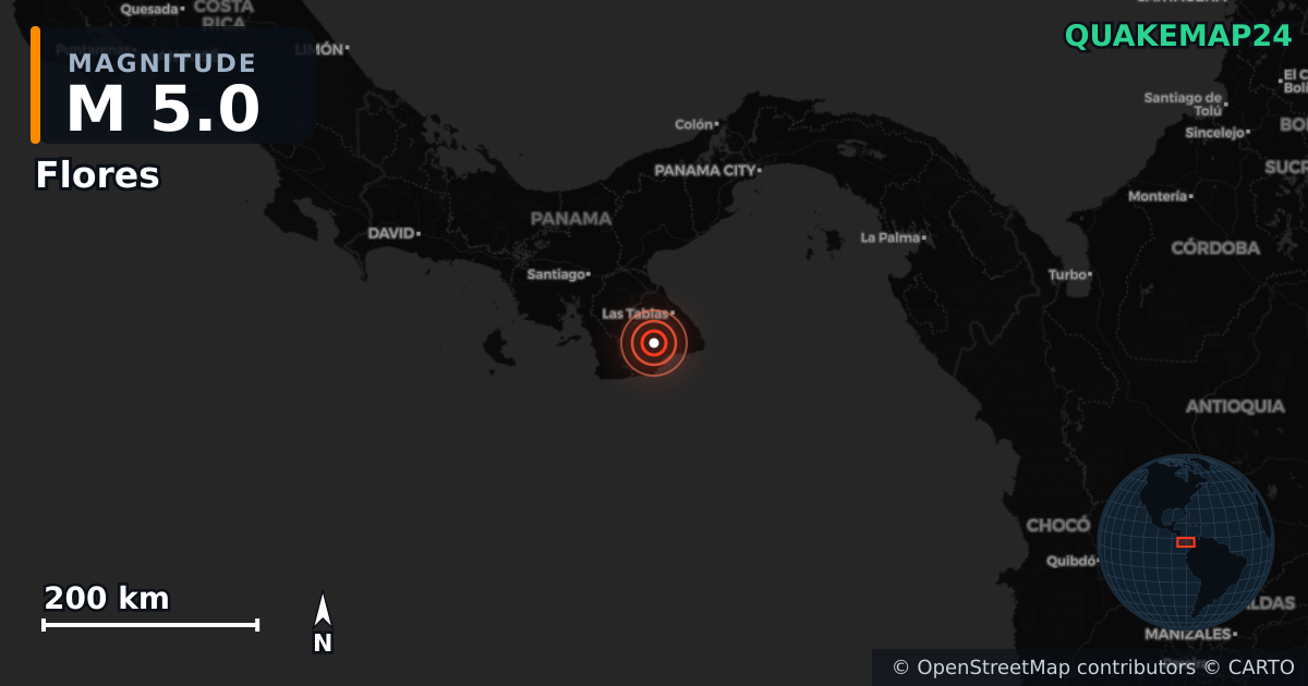 Sismo de M5,0 perto de Flores, Los Santos (Panamá) · 2026-10-11 — Mapa da localização do epicentro