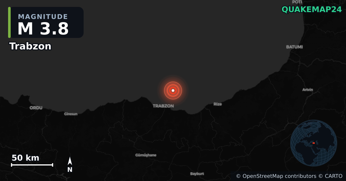 M3.8 earthquake near Trabzon on Jan 27, 2026 — map of epicenter and shaking intensity | QuakeMap24