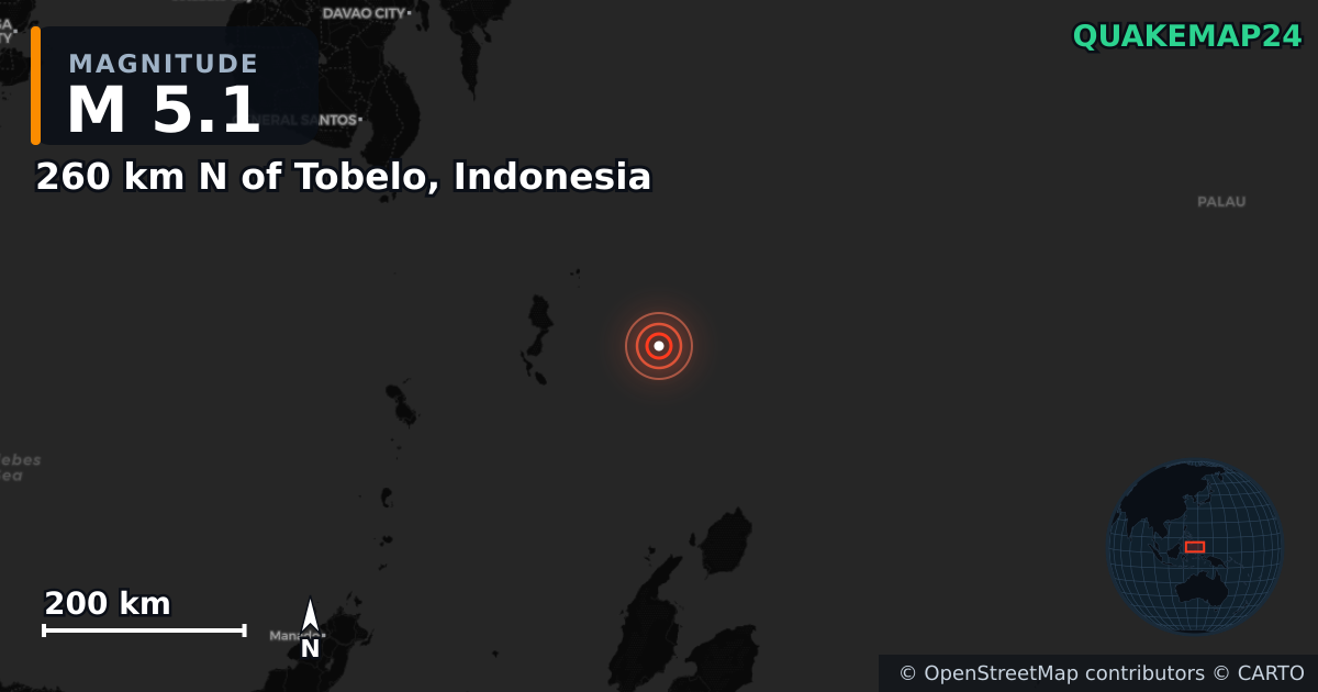 M5.1 Earthquake near 260 km N of Tobelo, Indonesia · 2025-11-13 — Map showing the location of the epicenter