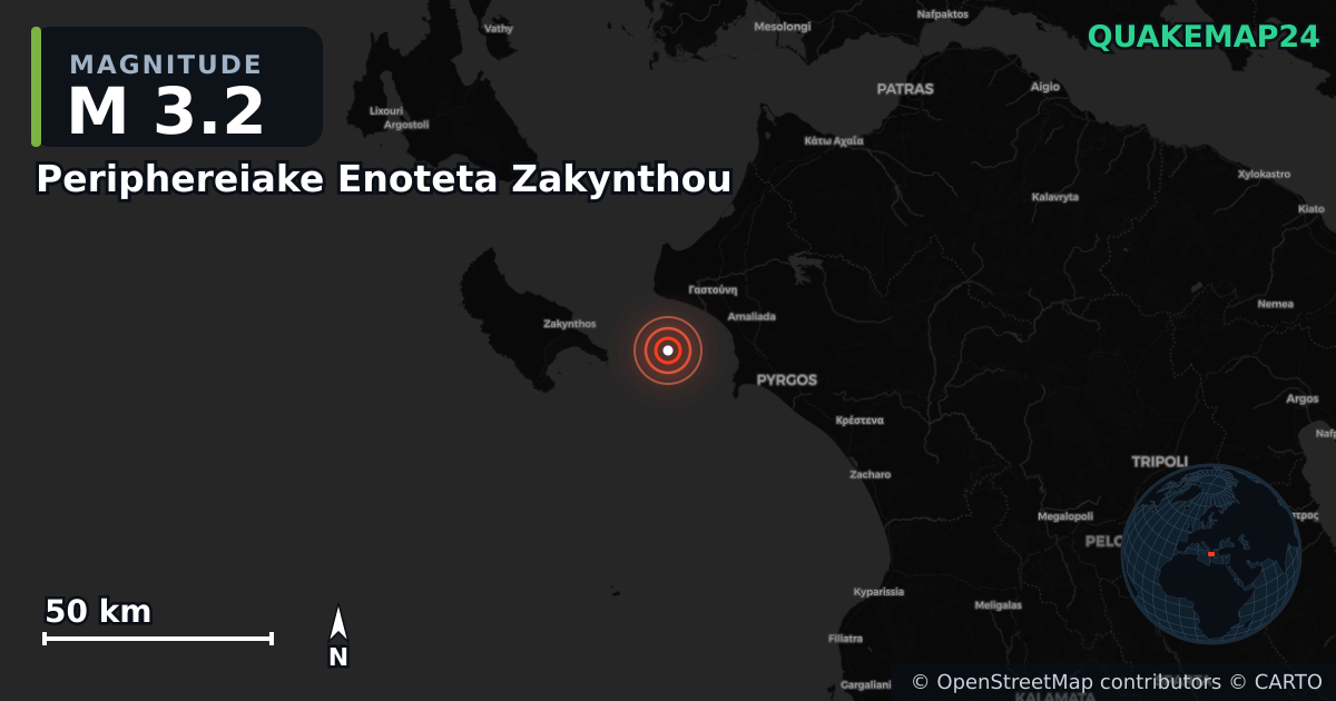 M3.2 earthquake near Periphereiake Enoteta Zakynthou on May 11, 2026 — map of epicenter and shaking intensity | QuakeMap24