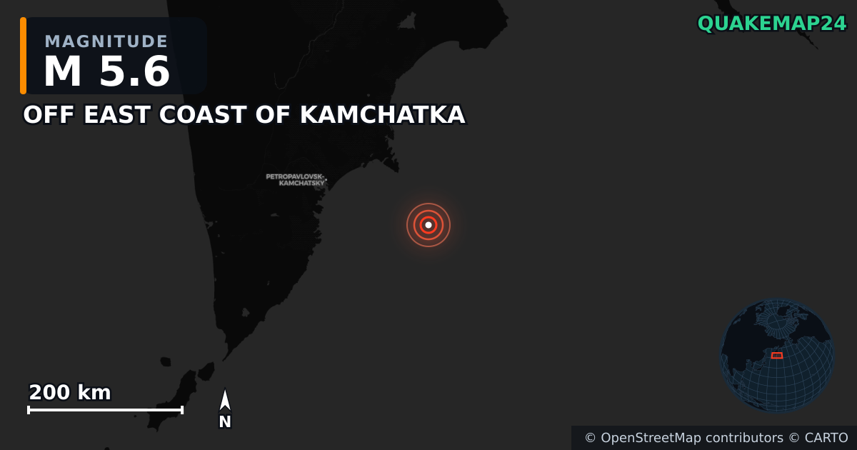 M5.6 earthquake near OFF EAST COAST OF KAMCHATKA on Aug 3, 2025 — map of epicenter and shaking intensity | QuakeMap24