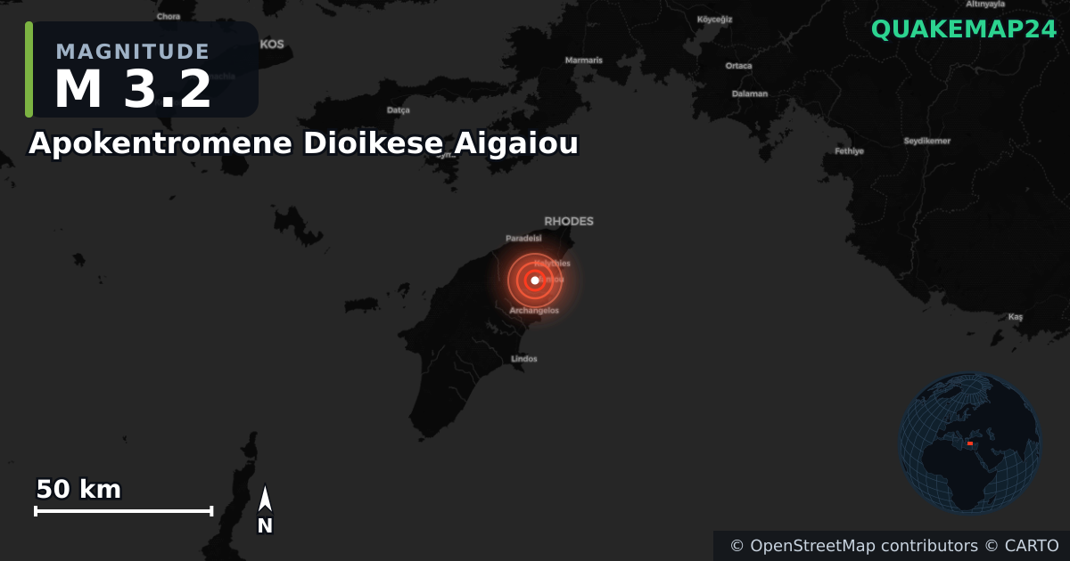 M3.2 earthquake near Apokentromene Dioikese Aigaiou on Jan 2, 2026 — map of epicenter and shaking intensity | QuakeMap24