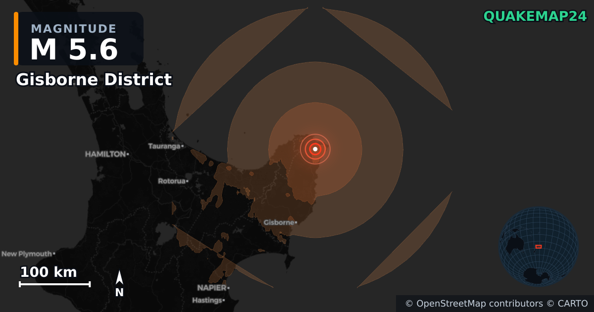 M5.6 earthquake near Gisborne District on Aug 2, 2026 — map of epicenter and shaking intensity | QuakeMap24