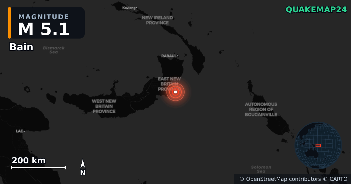 Sismo de M5,1 perto de Bain, East New Britain (Papua-Nova Guiné) · 2026-10-13 — Mapa da localização do epicentro