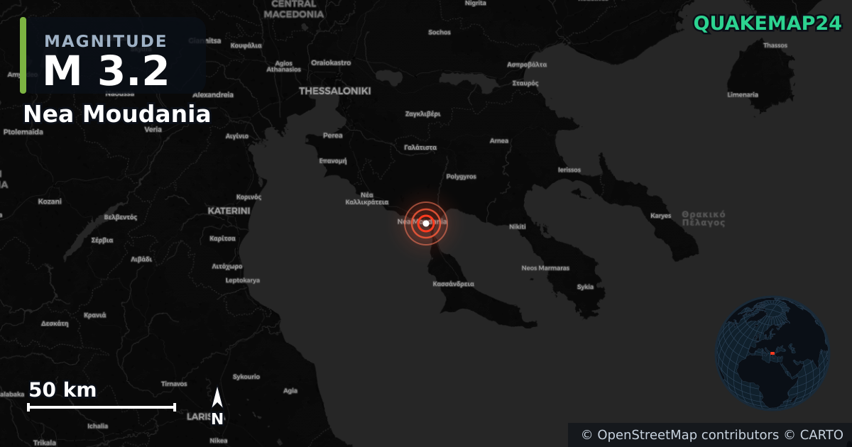 M3.2 earthquake near Nea Moudania on Feb 7, 2026 — map of epicenter and shaking intensity | QuakeMap24