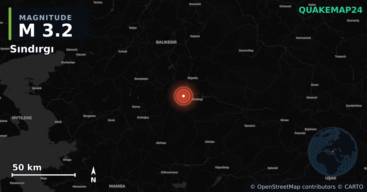 M3.2 earthquake near Sındırgı on Sep 13, 2025 — map of epicenter and shaking intensity | QuakeMap24