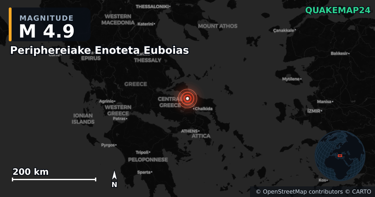 M4.9 earthquake near Periphereiake Enoteta Euboias on Jun 7, 2026 — map of epicenter and shaking intensity | QuakeMap24