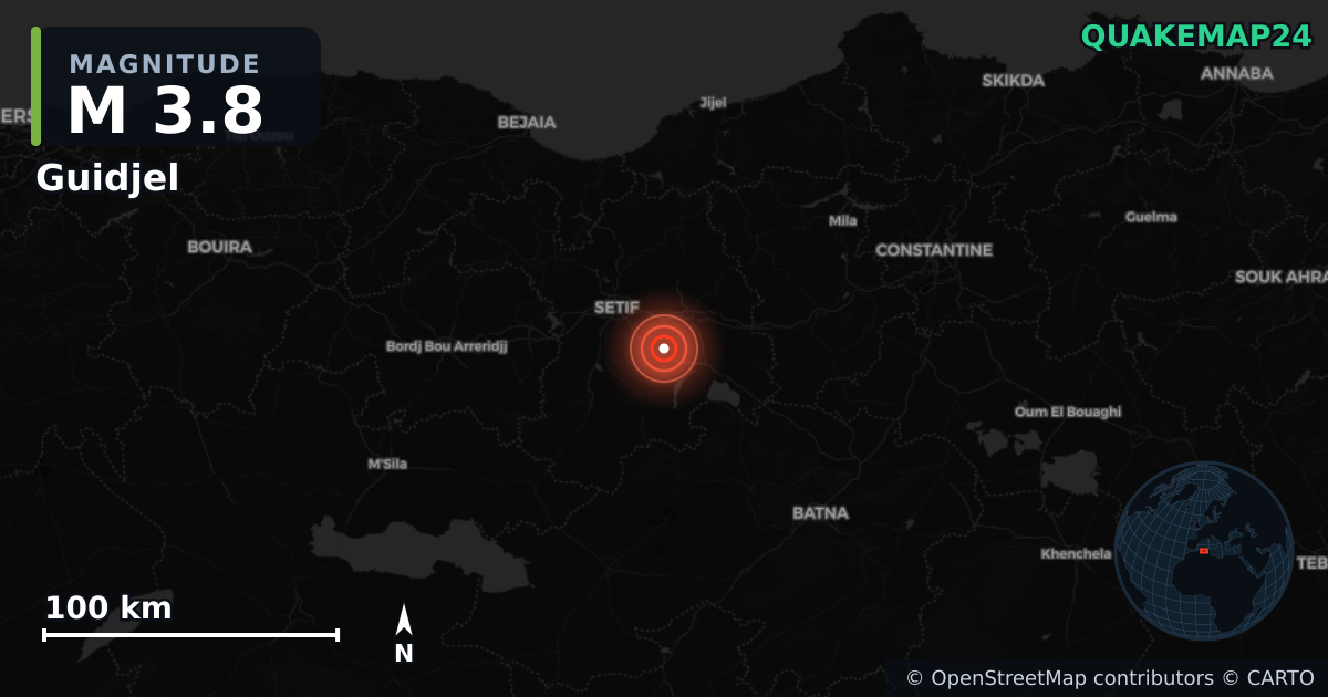 M3.8 earthquake near Guidjel on Jun 13, 2026 — map of epicenter and shaking intensity | QuakeMap24