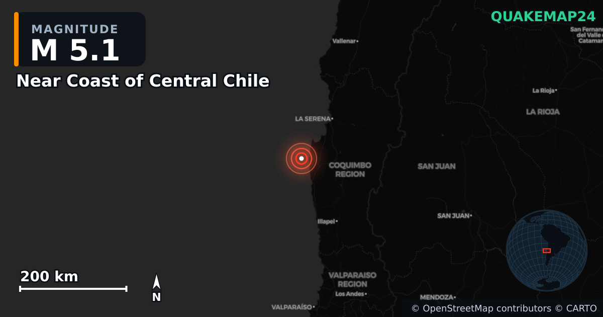 M5.1 earthquake near Near Coast of Central Chile on Nov 15, 2025 — map of epicenter and shaking intensity | QuakeMap24