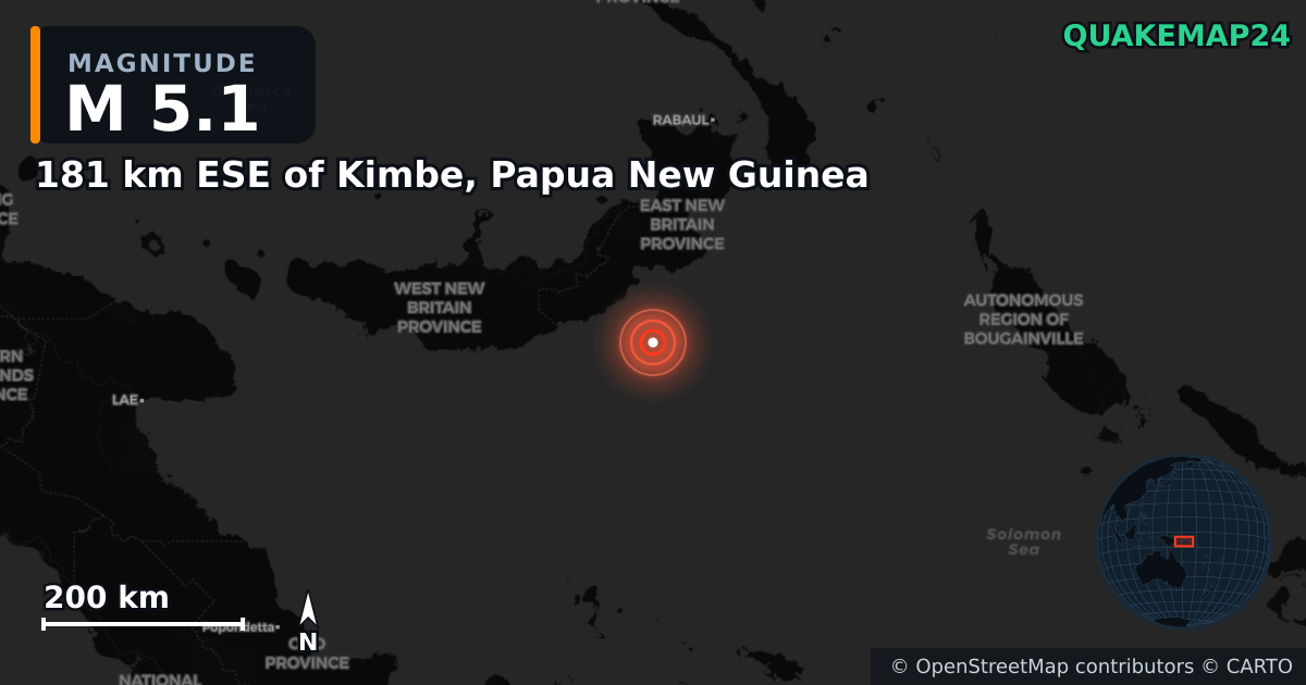 M5.1 earthquake near 181 km ESE of Kimbe, Papua New Guinea on Apr 18, 2025 — map of epicenter and shaking intensity | QuakeMap24