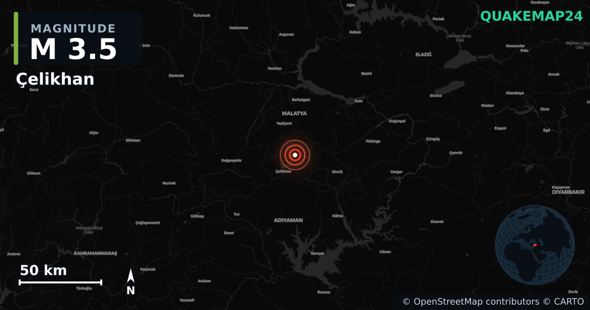 M3.5 earthquake near Çelikhan on Apr 24, 2026 — map of epicenter and shaking intensity | QuakeMap24