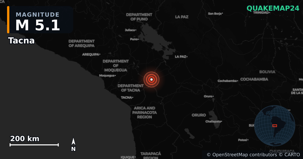 M5.1 earthquake near Tacna on Jul 30, 2025 — map of epicenter and shaking intensity | QuakeMap24