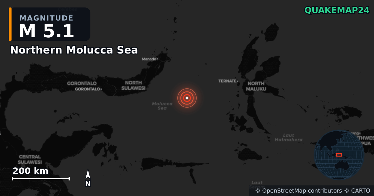 Erdbeben M5,1 bei Northern Molucca Sea — Karte der Lage des Epizentrums