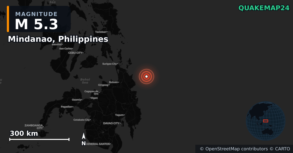 M5.3 earthquake near Mindanao, Philippines on Sep 7, 2025 — map of epicenter and shaking intensity | QuakeMap24