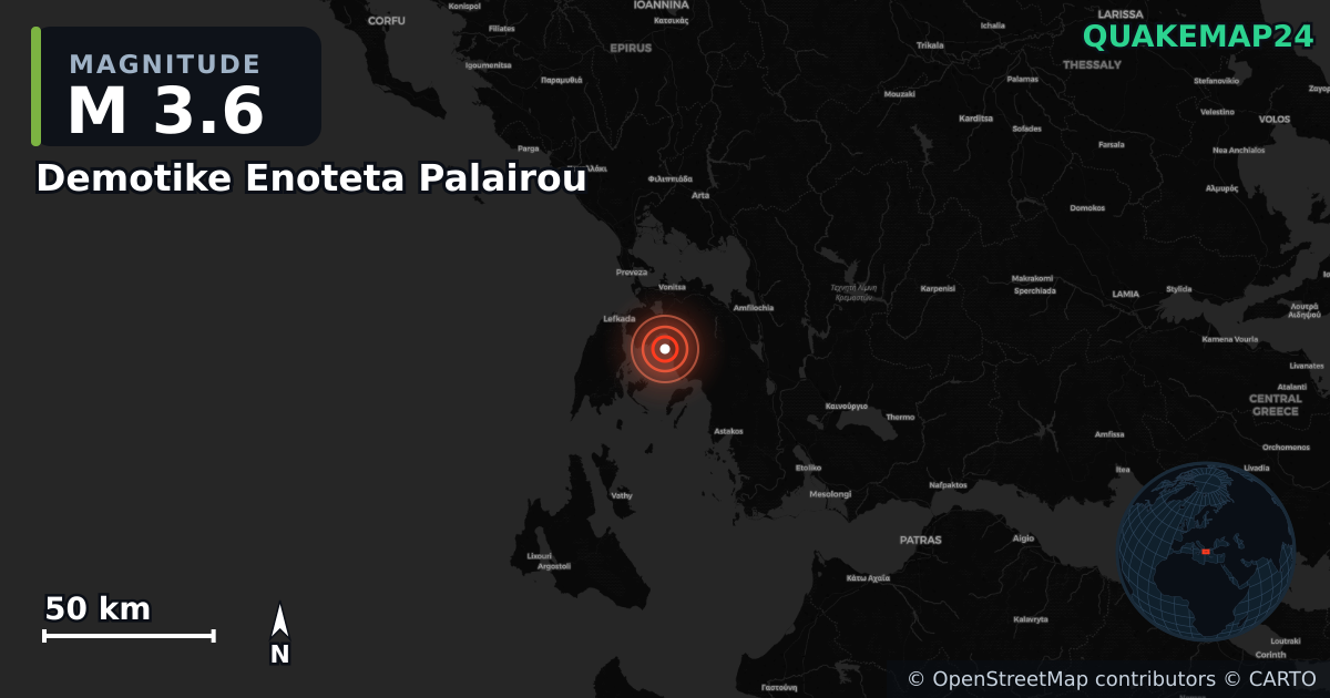 M3.6 earthquake near Demotike Enoteta Palairou on Oct 30, 2025 — map of epicenter and shaking intensity | QuakeMap24